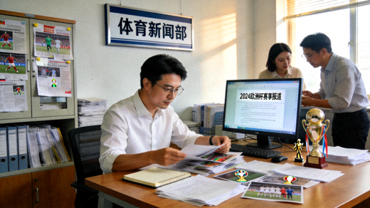 体育新闻编辑部场景，记者整理赛事报道素材