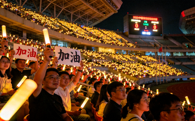 夜晚体育场内观众席灯光与球迷观赛氛围