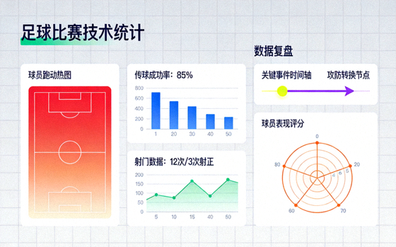 足球比赛技术统计图表与数据复盘界面示意